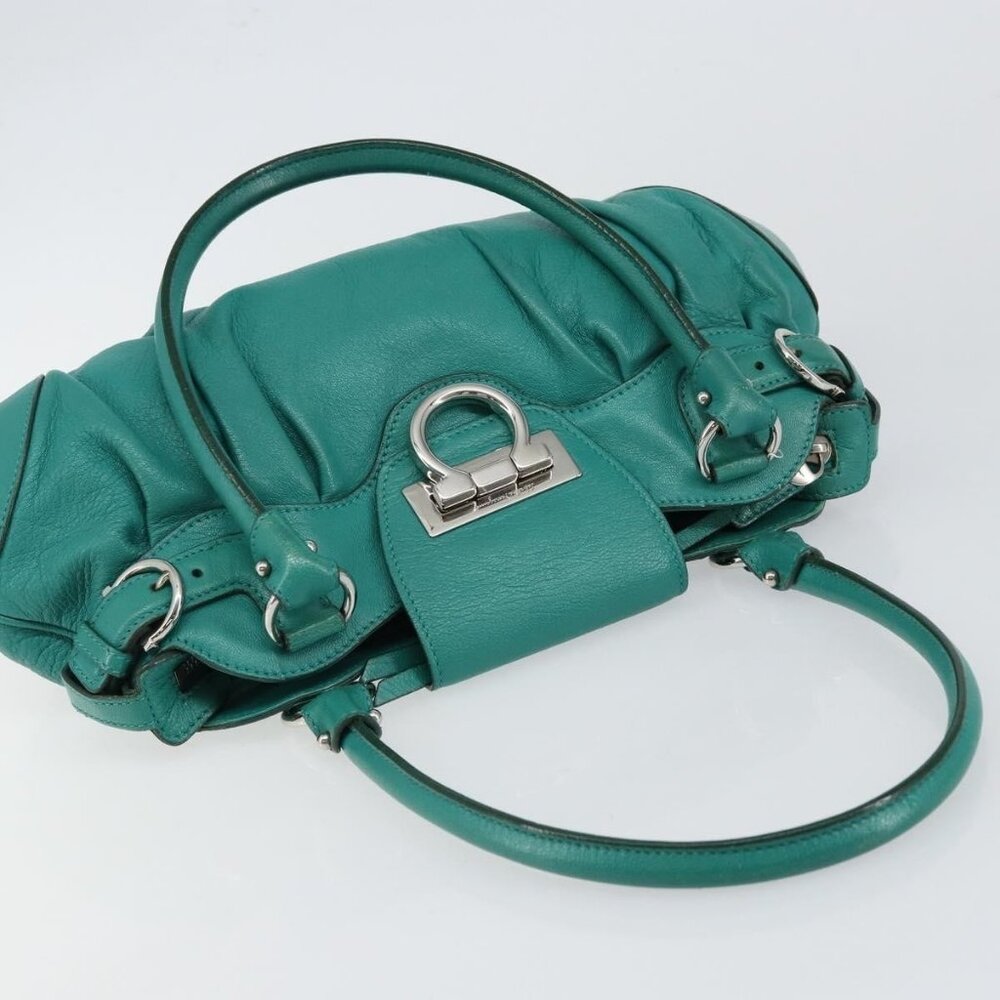 Authentic Salvatore Ferragamo Gancini Shoulder Bag Leather Green Silver - Picture 13 of 16